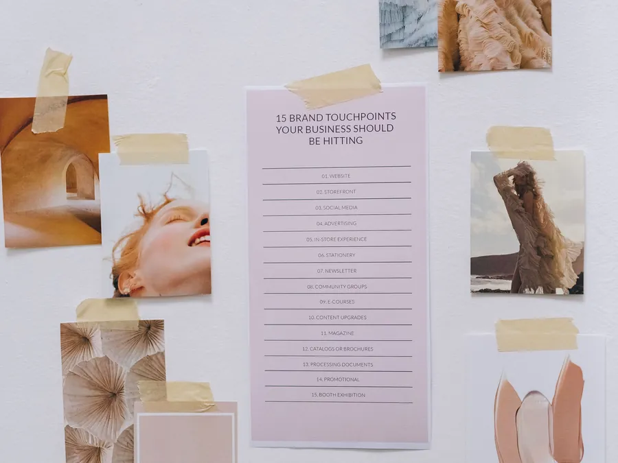 Brand moodboard wall with visual identity notes and colour references