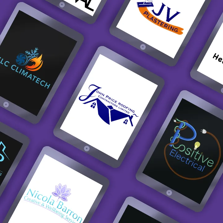 Purple Digital logo and graphic design samples displayed on tablets