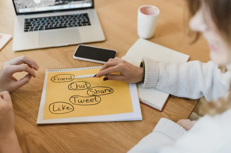 Small business team planning social media content around a table
